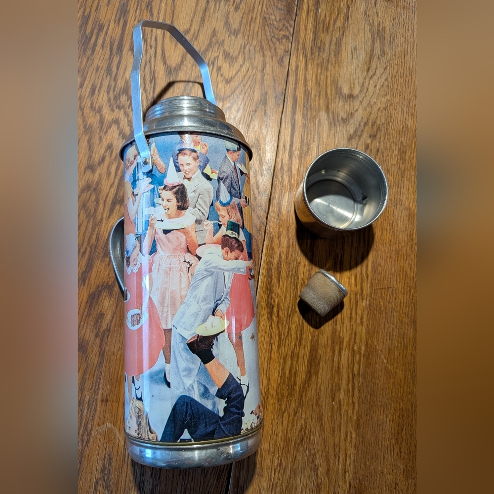 Vintage 50's Tin Litho Thermos With Party Motif - Thermos Shell Only